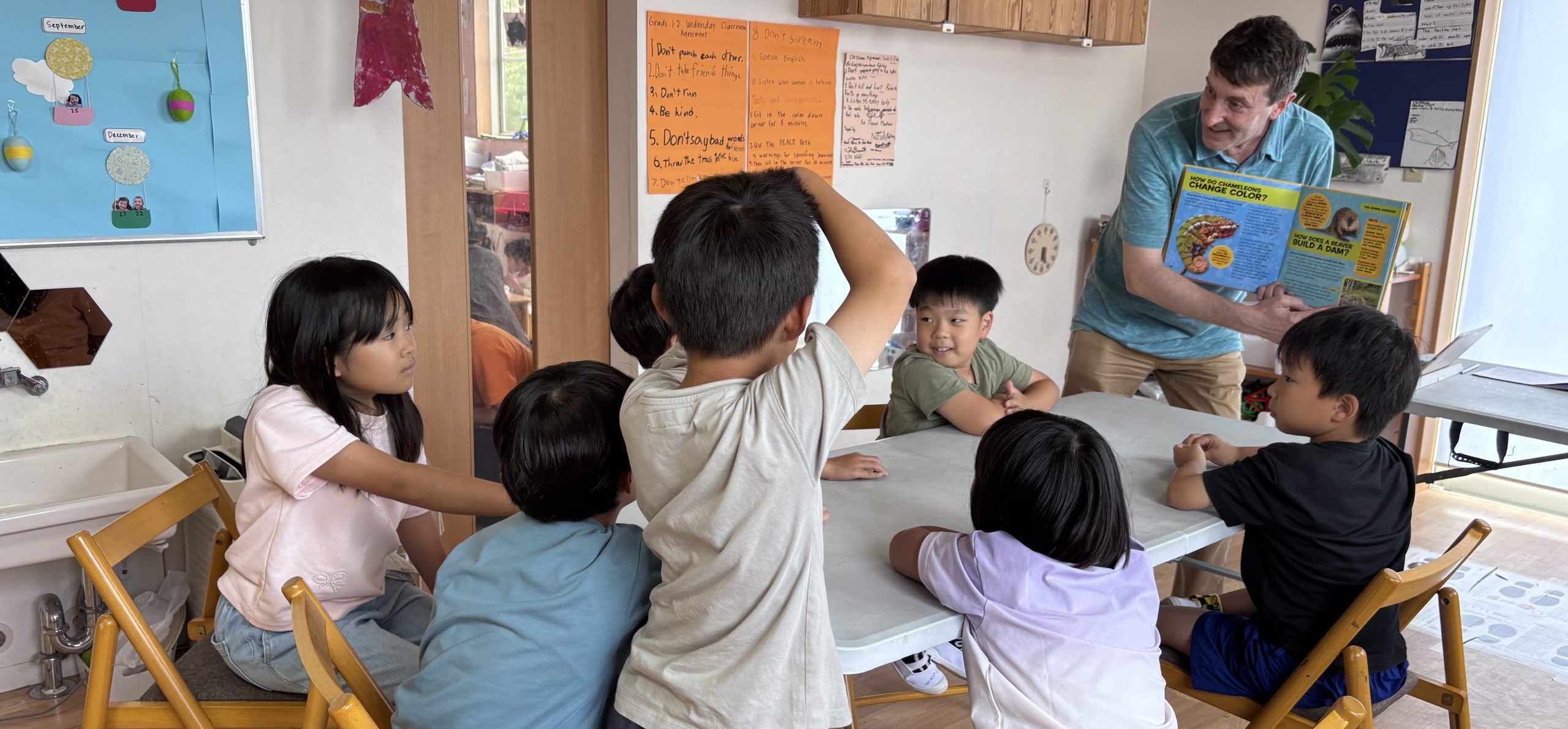 Children participate in an interactive English discussion during The Clubhouse After School program in eastern Nagoya.